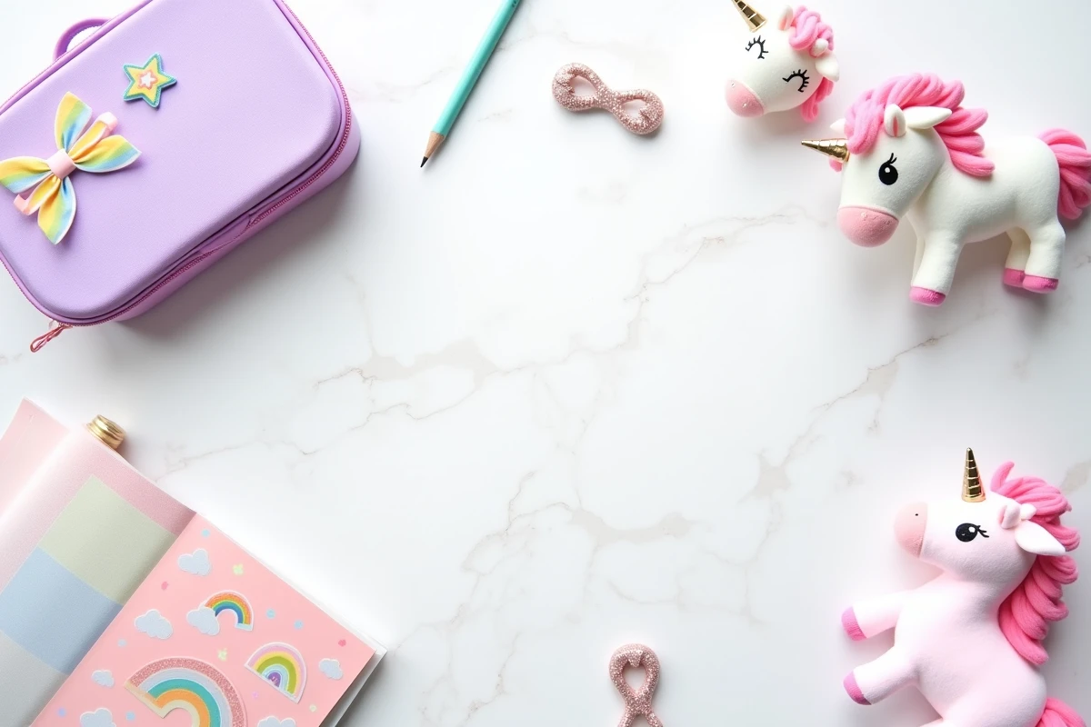 Vue à plat d'accessoires pour enfants sur le thème des licornes, incluant boîte à lunch, trousse, barrettes pailletées et porte-clés peluche sur marbre blanc