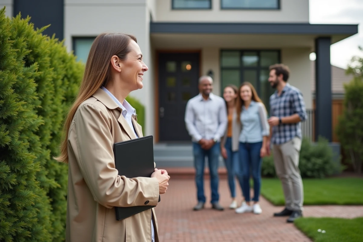 Agent immobilier accueillant une famille devant une maison