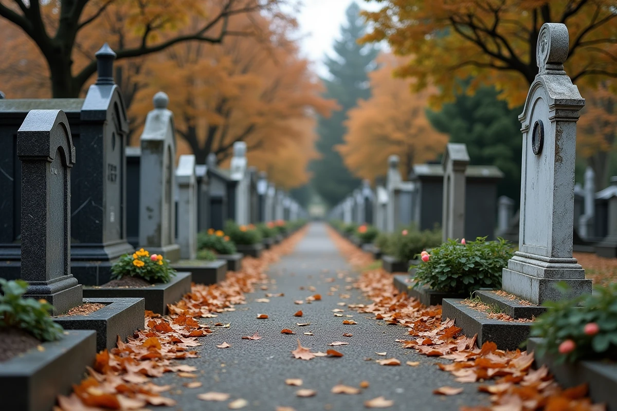 Allée de cimetière en automne montrant différents types de monuments funéraires en granit et marbre, illustrant la diversité des prix de création de tombes