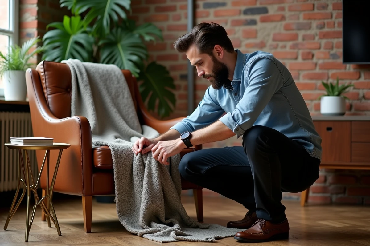 Homme ajustant un plaid en laine sur un fauteuil vintage dans un appartement au décor urbain avec mur en briques apparentes
