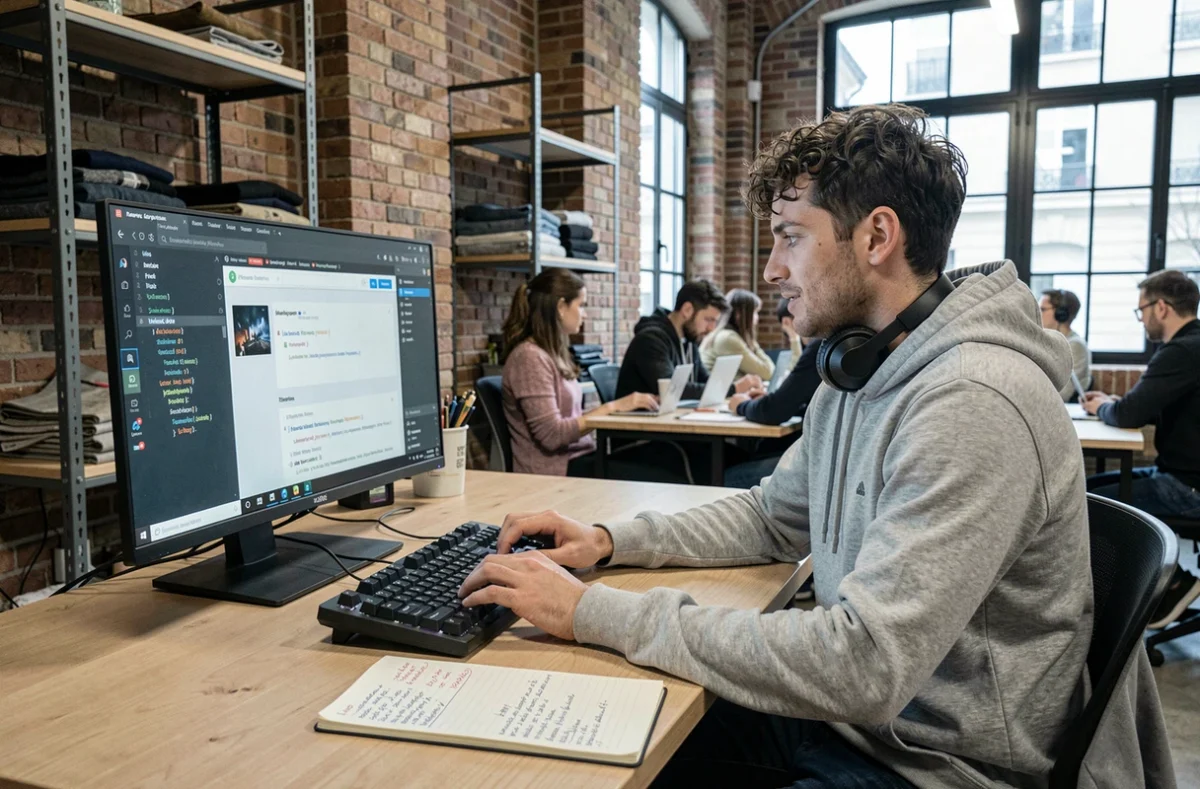 Jeune homme apprenant le développement web dans un espace de coworking à Paris