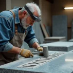 Artisan marbrier gravant une pierre tombale en granit gris dans son atelier, illustrant le savoir-faire et le coût de création d'une sépulture