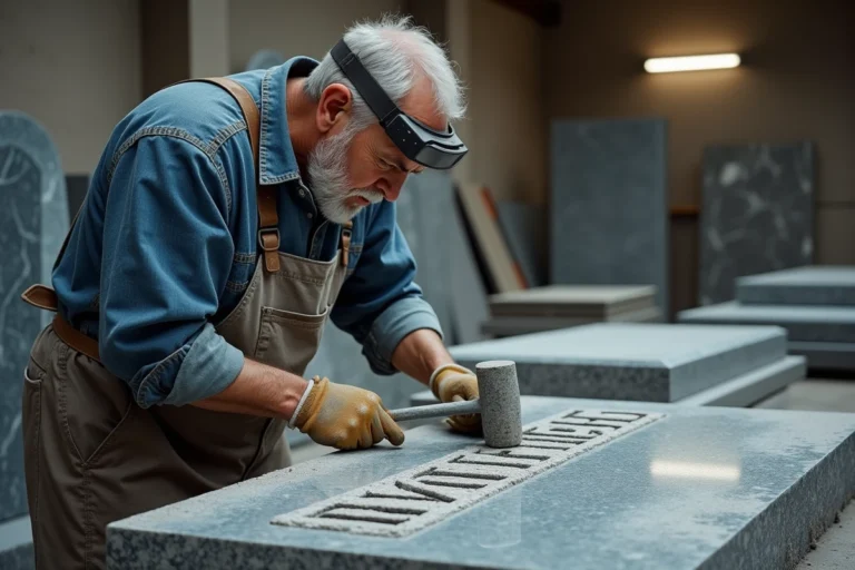 Artisan marbrier gravant une pierre tombale en granit gris dans son atelier, illustrant le savoir-faire et le coût de création d'une sépulture