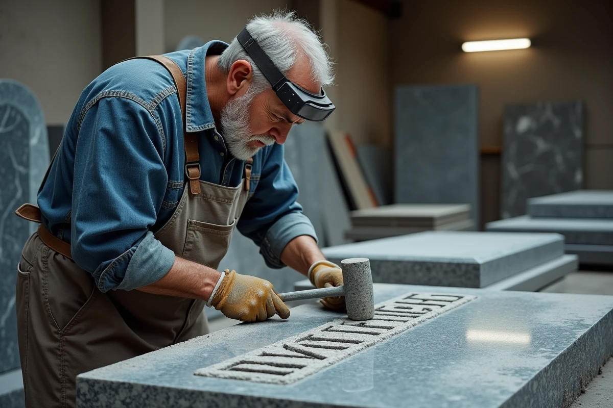 Artisan marbrier gravant une pierre tombale en granit gris dans son atelier, illustrant le savoir-faire et le coût de création d'une sépulture