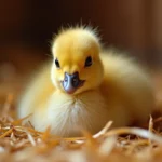 Bébé oie nouveau-né recouvert de duvet jaune reposant sur de la paille dans une grange rustique
