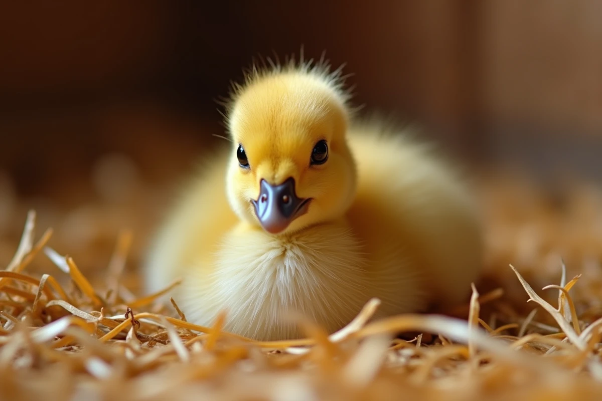 Bébé oie nouveau-né recouvert de duvet jaune reposant sur de la paille dans une grange rustique