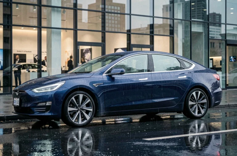 Berline électrique moderne garée devant un showroom automobile contemporain sous la pluie, reflets sur la carrosserie bleue métallisée