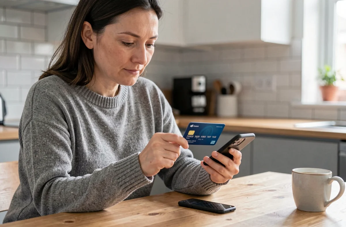Femme bloquant sa carte bancaire depuis son smartphone à la cuisine