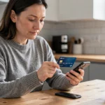 Femme bloquant sa carte bancaire depuis son smartphone à la cuisine