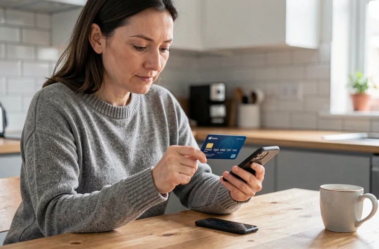 Femme bloquant sa carte bancaire depuis son smartphone à la cuisine