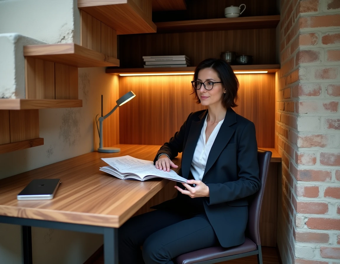 Femme travaillant dans un bureau sur mesure aménagé sous un escalier avec un plan de travail en noyer et rangements intégrés