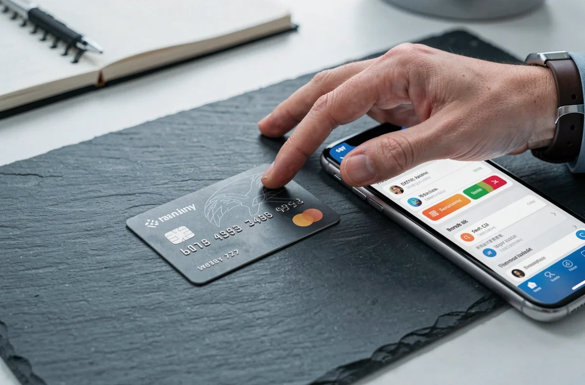 Carte bancaire posée près d'un smartphone affichant une application de blocage