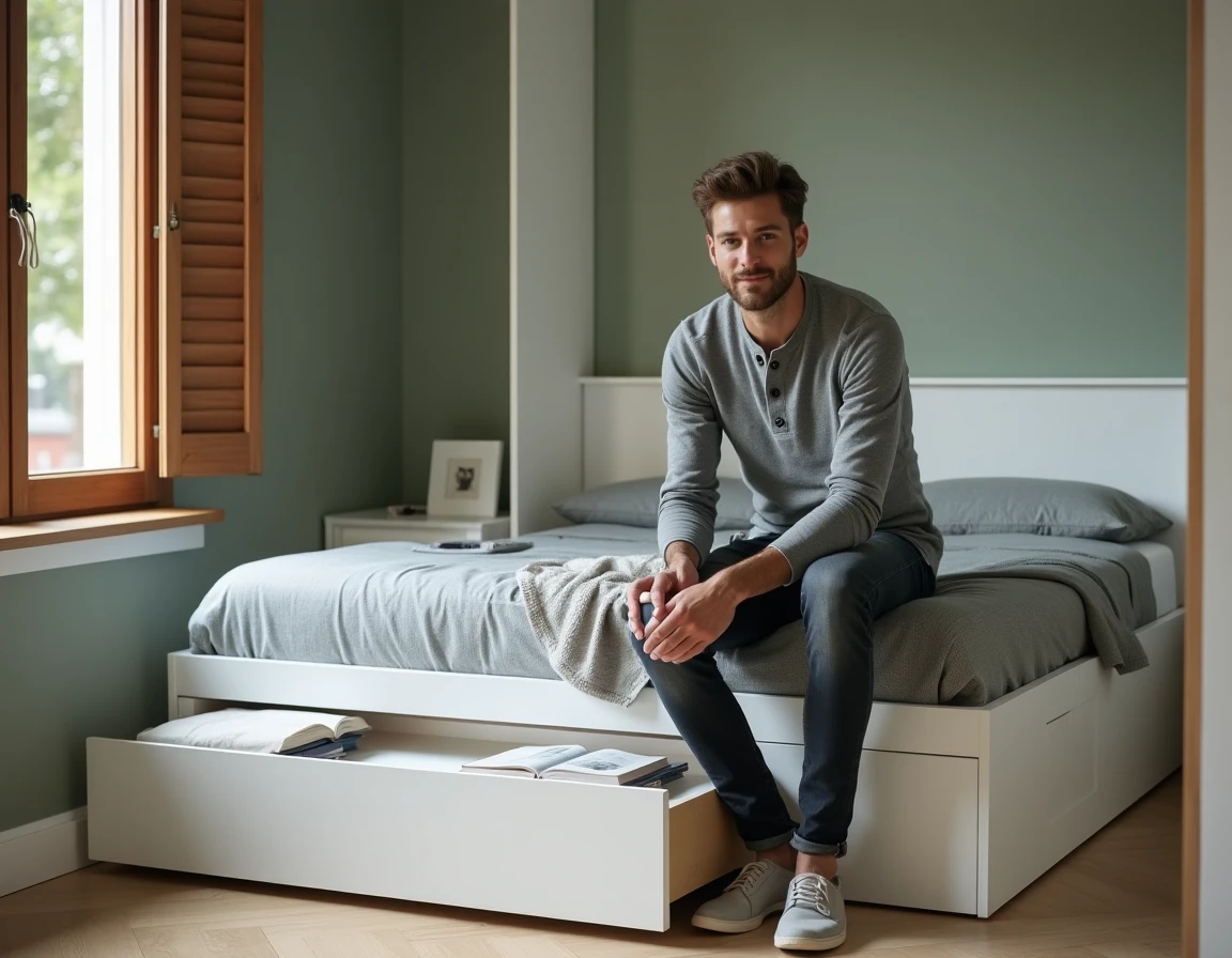 Homme dans une petite chambre urbaine avec un lit sur mesure à tiroirs intégrés et tête de lit avec rangements encastrés