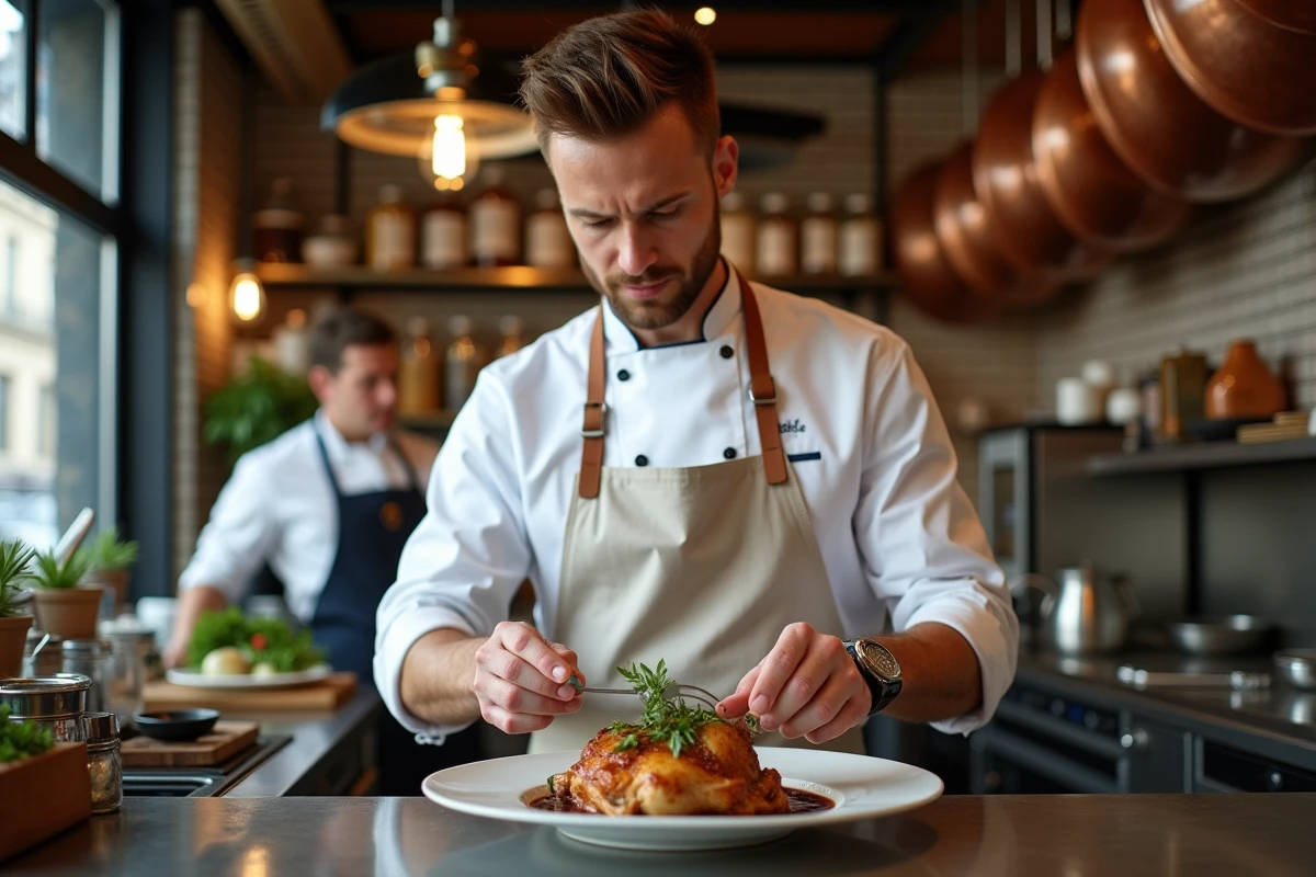 Chef préparant un coq au vin dans une cuisine parisienne