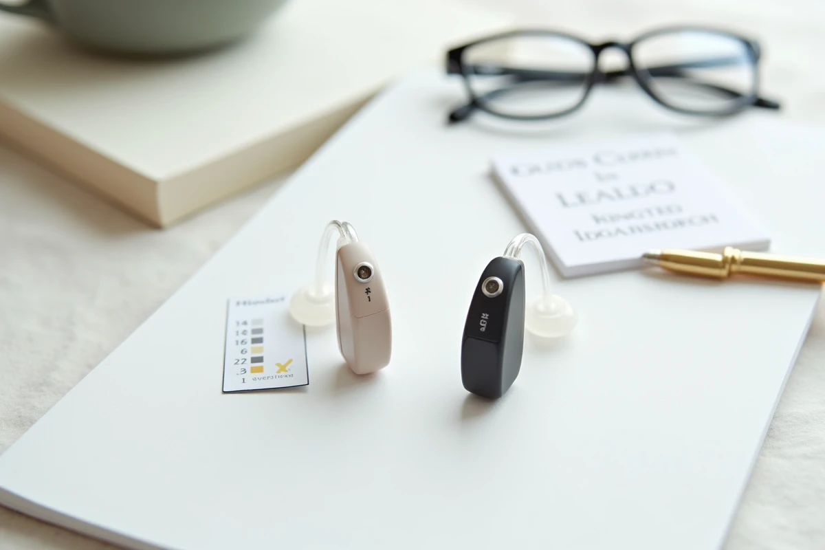 Comparaison de deux appareils auditifs posés sur fond blanc, analyse des modèles Audika et Amplifon