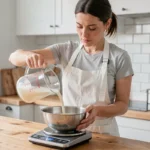 Femme versant 40cl de lait dans un bol posé sur une balance de cuisine numérique pour convertir les centilitres en grammes