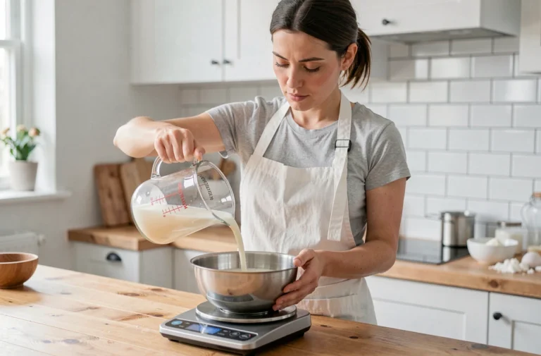 Femme versant 40cl de lait dans un bol posé sur une balance de cuisine numérique pour convertir les centilitres en grammes