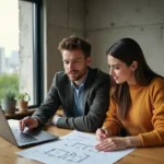 Couple étudiant des plans immobiliers et des annonces en ligne sur un ordinateur portable dans un appartement moderne