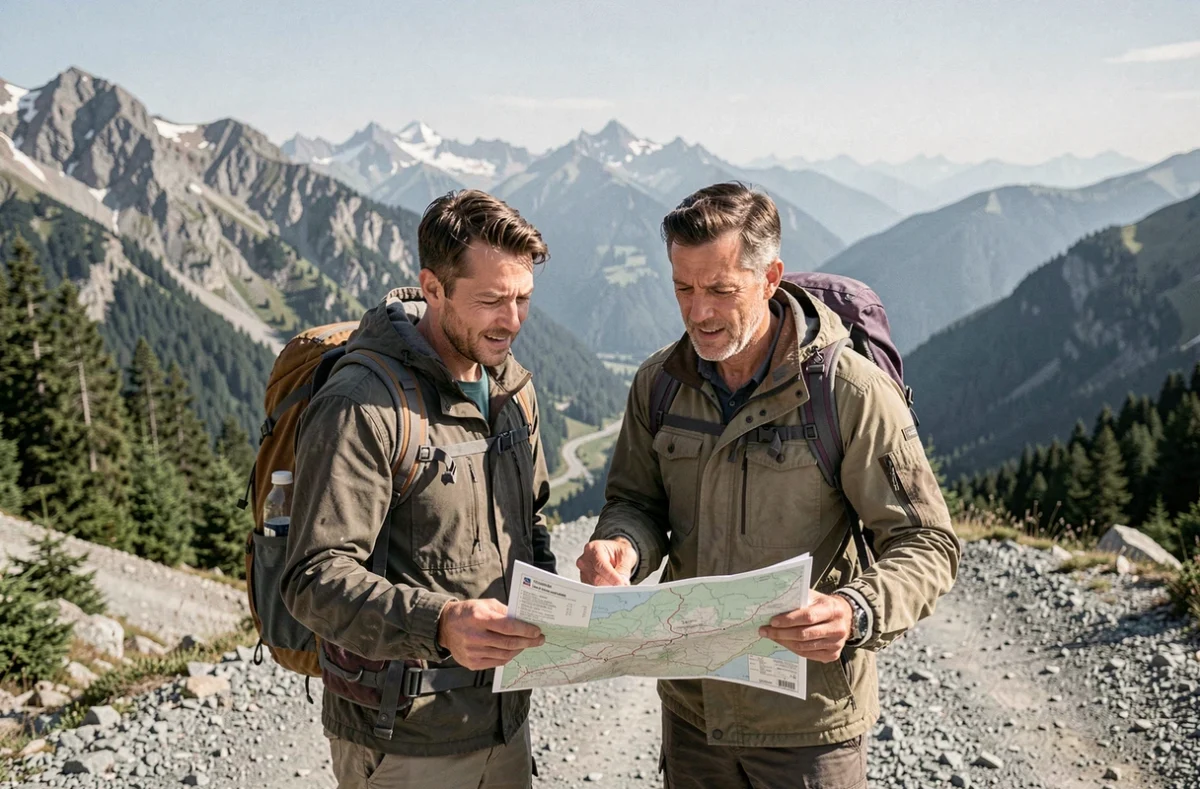 Couple de randonneurs consultant une carte topographique devant un panorama de montagne lors d'un voyage aventure sur mesure