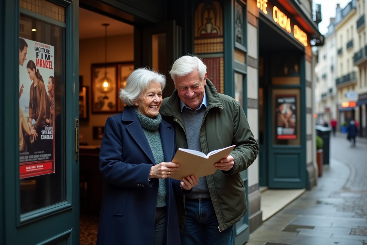 Couple de seniors devant l'entrée d'un cinéma consultant le programme des séances
