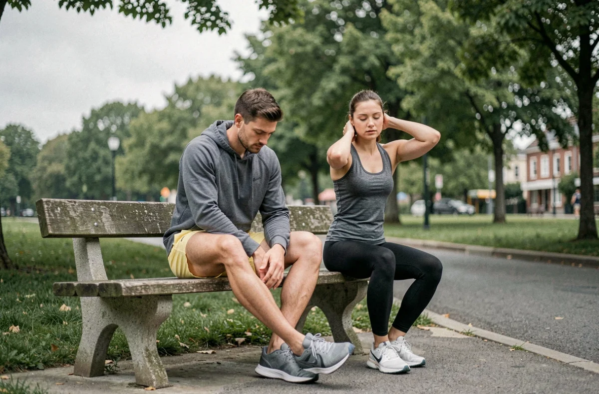 Deux coureurs se reposant sur un banc de parc et ressentant des fourmillements dans les jambes après le jogging