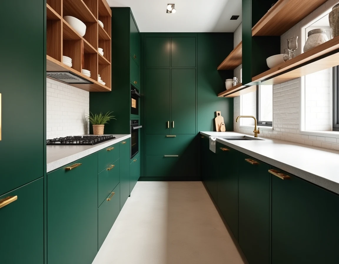 Cuisine en couloir réaménagée avec des meubles sur mesure vert forêt et poignées laiton optimisant chaque centimètre de rangement