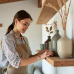 Femme arrangeant des vases céramiques et des tiges botaniques séchées sur une étagère en bois dans un salon scandinave au style minimaliste