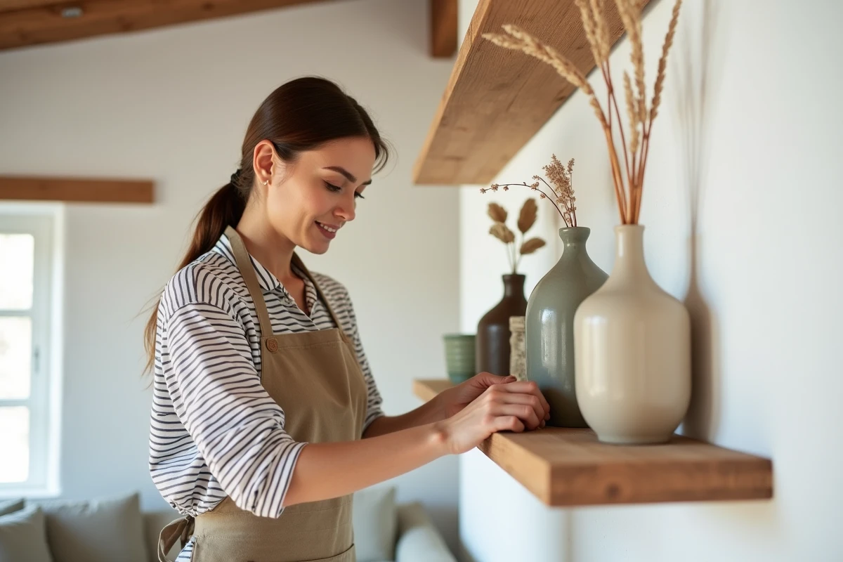 Femme arrangeant des vases céramiques et des tiges botaniques séchées sur une étagère en bois dans un salon scandinave au style minimaliste