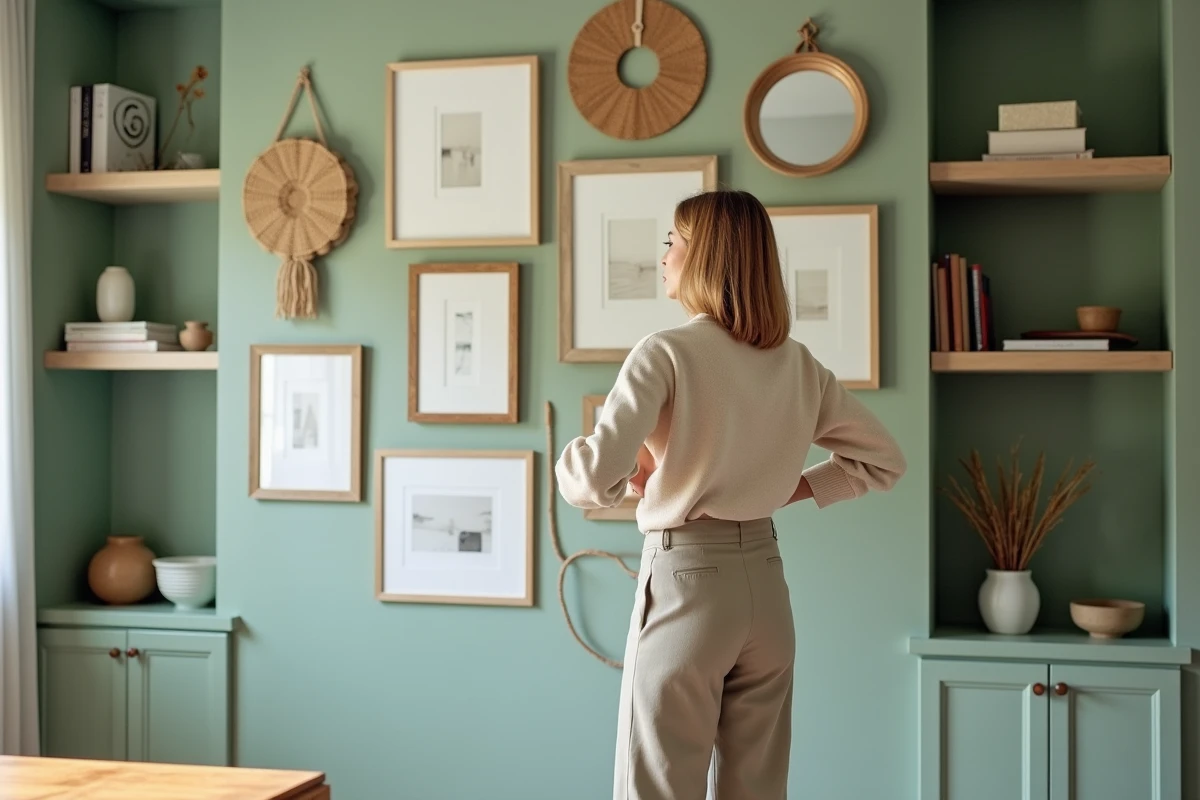 Femme observant un mur de cadres et d'œuvres décoratives dans un bureau à domicile aux murs vert sauge avec des étagères intégrées