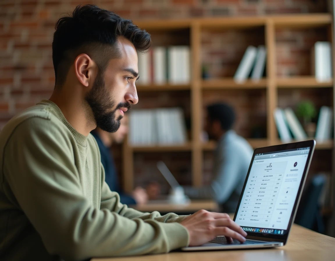 Jeune employé utilisant un logiciel de suivi du temps en heures centièmes sur ordinateur portable