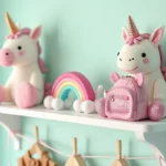 Étagère décorée d'articles pour enfants sur le thème des licornes, avec peluches, figurines pastel et sac à dos pailleté dans une chambre d'enfant