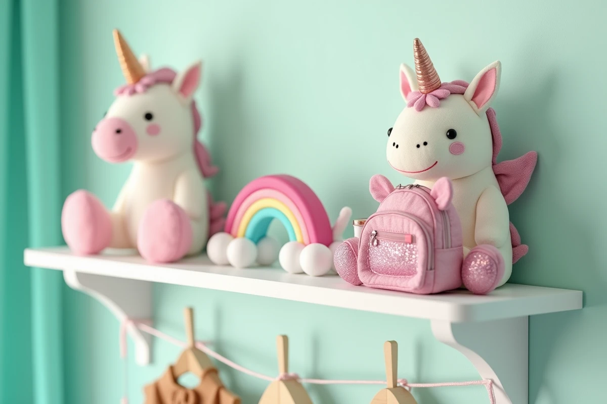 Étagère décorée d'articles pour enfants sur le thème des licornes, avec peluches, figurines pastel et sac à dos pailleté dans une chambre d'enfant