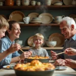 Famille française partageant un gratin traditionnel à table