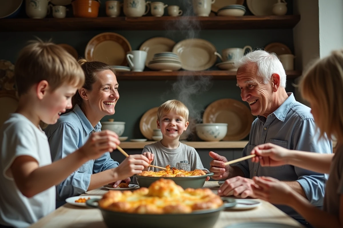 Famille française partageant un gratin traditionnel à table