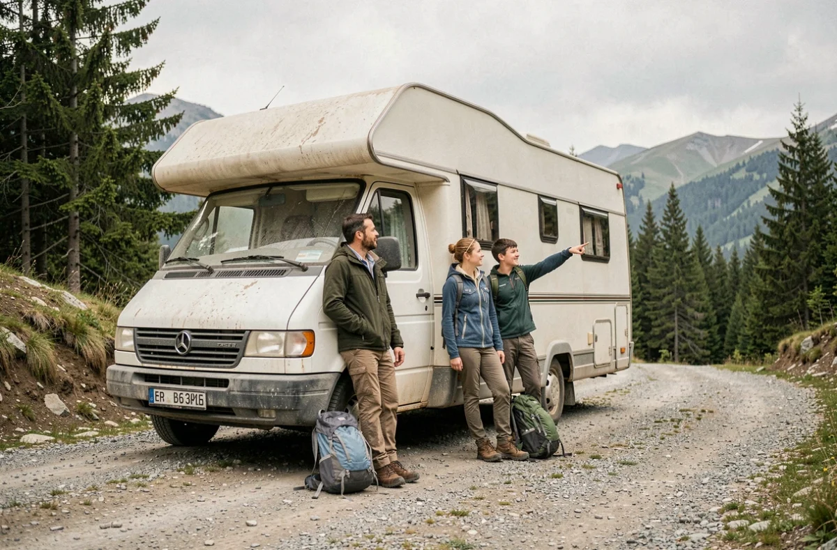 Famille de quatre personnes debout près d'un van aménagé blanc sur une route de montagne, entourée de pins et de collines verdoyantes, ambiance voyage en famille