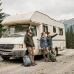 Famille de quatre personnes debout près d'un van aménagé blanc sur une route de montagne, entourée de pins et de collines verdoyantes, ambiance voyage en famille