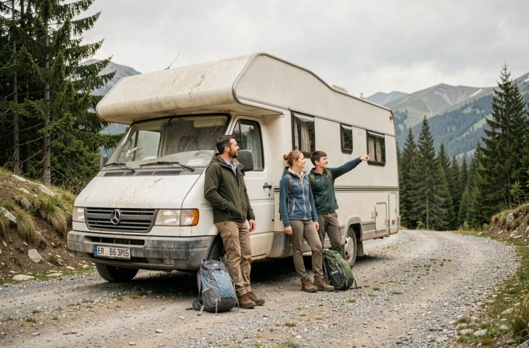 Famille de quatre personnes debout près d'un van aménagé blanc sur une route de montagne, entourée de pins et de collines verdoyantes, ambiance voyage en famille
