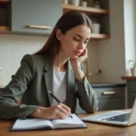 Jeune femme en blazer et jeans consulte son budget à la maison