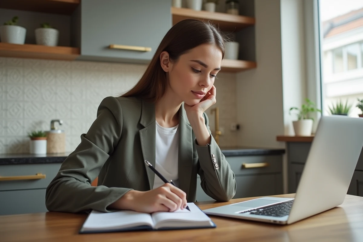 Jeune femme en blazer et jeans consulte son budget à la maison