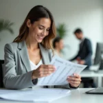 Femme professionnelle consultant un tableau de calcul des heures en centièmes dans un bureau moderne