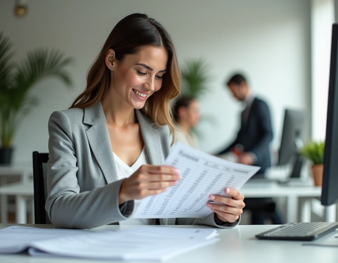 Femme professionnelle consultant un tableau de calcul des heures en centièmes dans un bureau moderne