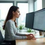 Jeune femme explorant les fonctionnalités d'un site web sur un grand écran dans un bureau moderne