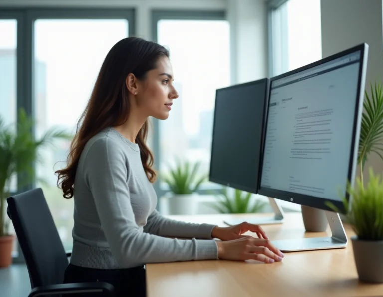Jeune femme explorant les fonctionnalités d'un site web sur un grand écran dans un bureau moderne