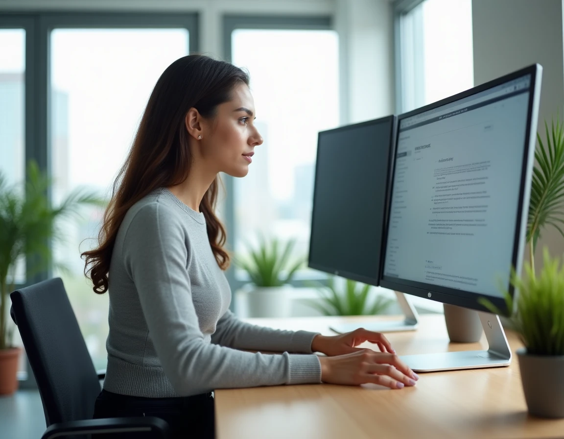 Jeune femme explorant les fonctionnalités d'un site web sur un grand écran dans un bureau moderne