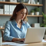 Femme en tenue professionnelle travaillant sur son ordinateur dans un bureau lumineux