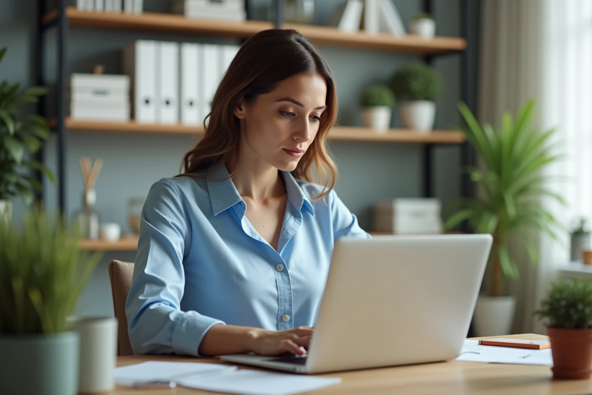 Femme en tenue professionnelle travaillant sur son ordinateur dans un bureau lumineux