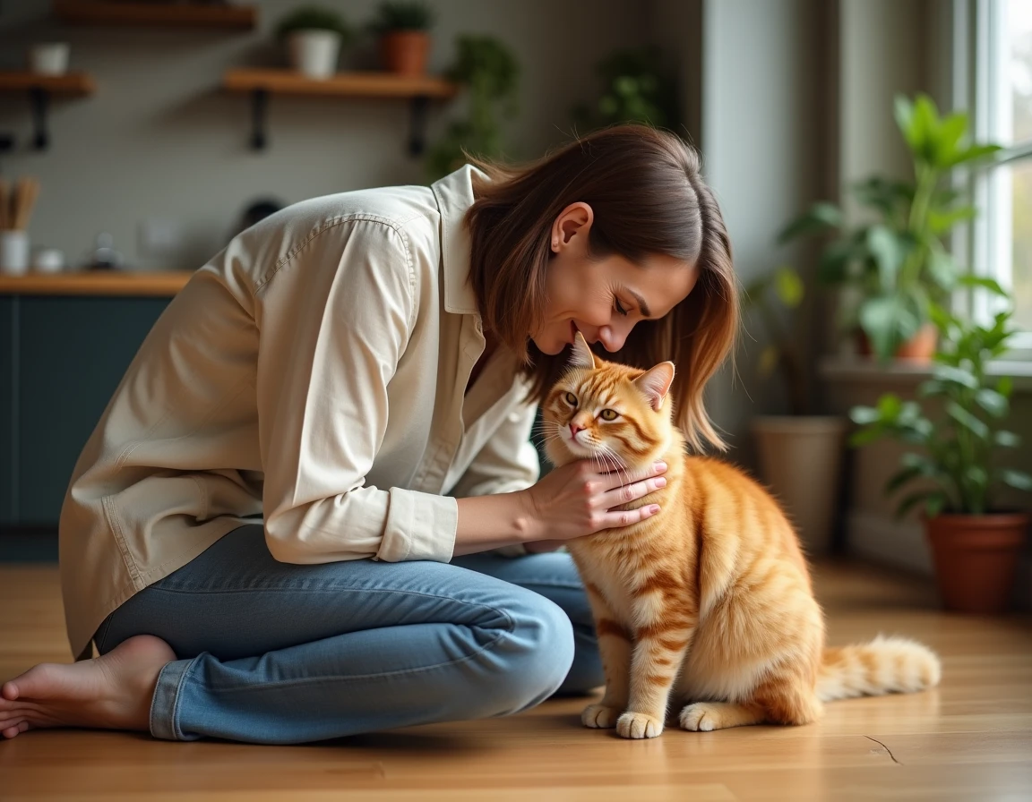 Femme câlinant son chat roux à la maison dans une ambiance chaleureuse et apaisante