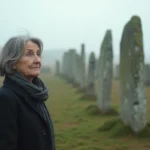 Femme méditative près des menhirs de Carnac en Bretagne