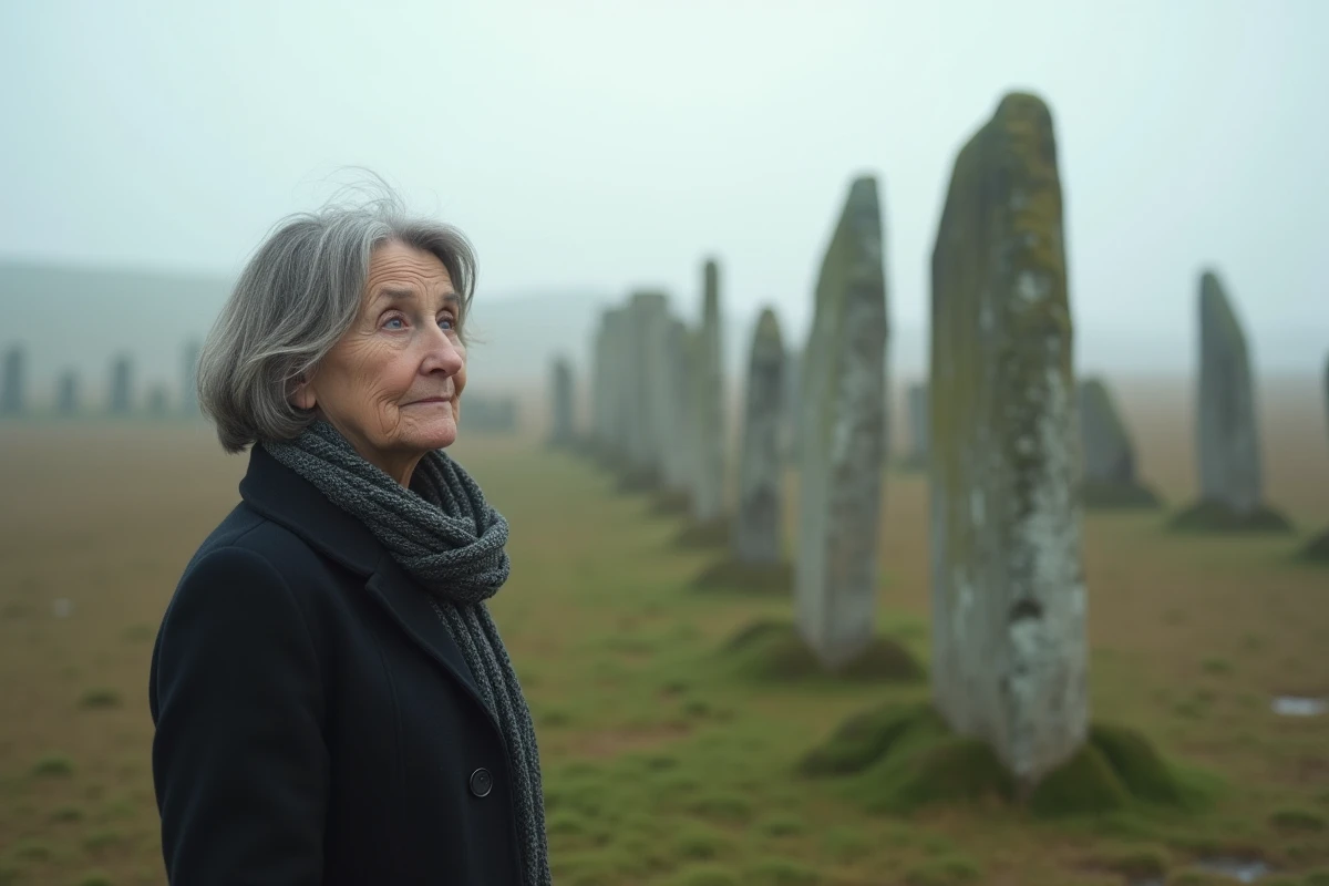 Femme méditative près des menhirs de Carnac en Bretagne