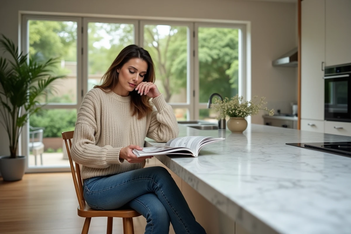 Femme assise à la cuisine en train de lire un magazine